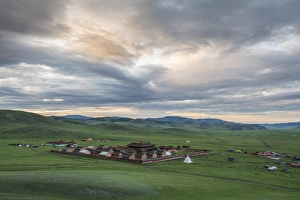 Mongolian Prints: View of Amarbayasgalant Monastery from above at sunset