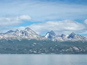 View of the Andes Mountains and Notofagus forest in Lago Acigami, Tierra del Fuego, Argentina