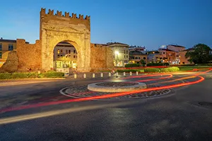 View of Arch of Augustus (Arco d'Augusto) at dusk, Rimini, Emilia-Romagna, Italy, Europe