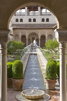 View through arch to the Patio de la Acequia, centrepiece of the gardens of the Generalife