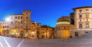 View of architecture in Piazza Grande at dusk, Arezzo, Province of Arezzo, Tuscany, Italy, Europe