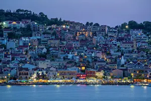 View of Argostoli, capital of Cephalonia and De Bosset Bridge at dusk, Argostolion, Kefalonia, Ionian Islands, Greek Islands, Greece, Europe