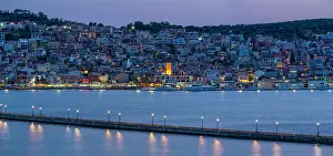 View of Argostoli, capital of Cephalonia and De Bosset Bridge at dusk, Argostolion, Kefalonia, Ionian Islands, Greek Islands, Greece, Europe