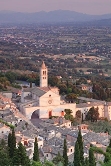 Assisi Prints: View over Assisi to Santa Chiara Basilica at sunset, Assisi, Perugia District, Umbria