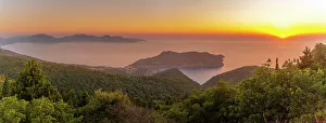 Kefalonia Prints: View of Assos, coastline, sea and hills at sunset