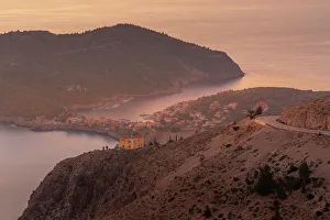 Kefalonia Prints: View of Assos, coastline, sea and hills at sunset