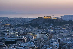 Athens Prints: View over Athens and The Acropolis at sunset from Likavitos Hill, Athens, Attica Region
