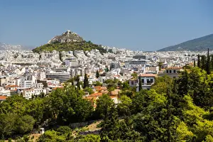 Athens Prints: View of Athens and Likavitos Hill over the rooftops of the Plaka District from The Acropolis
