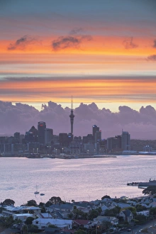 Auckland Prints: View of Auckland and Devonport at sunset, Auckland, North Island, New Zealand, Pacific