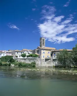 Aude Prints: View across Aude River to Trebes, Aude, Languedoc-Roussillon, France, Europe