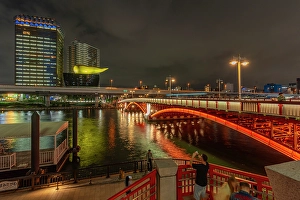 Asakusa Prints: View of Azuma Bridge and Sumida River at night, Asakusa, Taito City, Tokyo, Honshu, Japan
