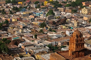 Stereotypically Indian Prints: View of Badami town, Karnataka, India, Asia