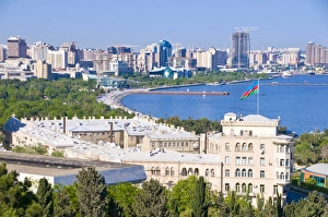 Flag Prints: View over Baku Bay, Baku, Azerbaijan, Central Asia, Asia