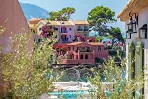 Kefalonia Prints: View of balcony and colourful houses in Assos