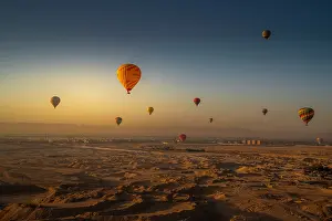 Excitement Prints: View of other balloons from hot air balloon over Luxor at sunrise, Luxor, Egypt, Africa