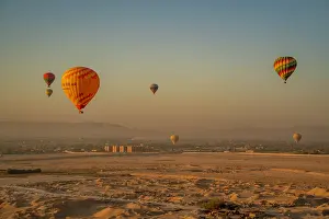 Excitement Prints: View of other balloons from hot air balloon over Luxor at sunrise, Luxor, Egypt, Africa