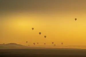Excitement Prints: View of other balloons from hot air balloon over Luxor at sunrise, Luxor, Egypt, Africa