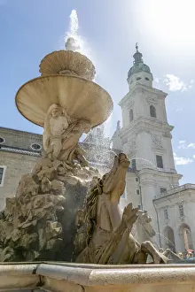 Water Fountain Prints: View of Baroque Fountain and Salzburg Cathedral in Residenzplatz, Salzburg, Austria