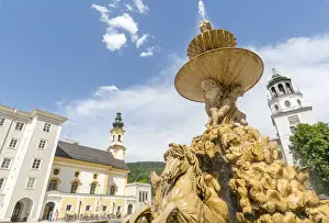 Water Fountain Prints: View of Baroque Fountain and Salzburger Glockenspiel in Residenzplatz, Salzburg, Austria