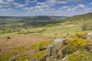 Curbar Edge Prints: View from Baslow Edge towards Curbar Edge and Calver Village, Derbyshire Dales, Derbyshire