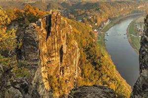 Saxony Prints: View from Bastei Rock Formation to Elbe River, Rathen, Elbsandstein Mountains, Saxony