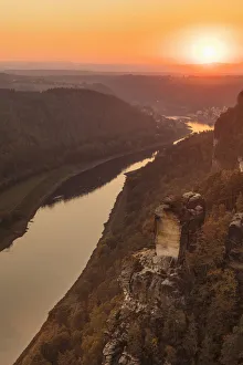 Saxony Prints: View from Bastei Rock Formation to Elbe River at sunset, Elbsandstein Mountains