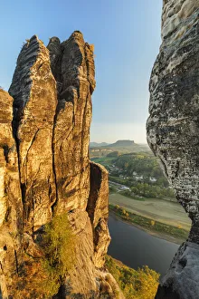Saxony Prints: View from Bastei Rock Formation to Lilienstein Mountain, Elbsandstein Mountains