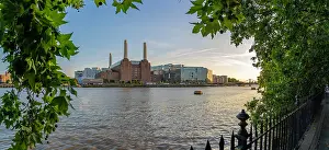 Riverside Prints: View of Battersea Power Station and River Thames in Nine Elms London on a summer evening