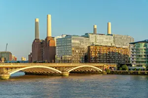 Riverside Prints: View of Battersea Power Station and River Thames in summer from Nine Elms in London