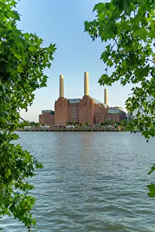 Riverside Prints: View of Battersea Power Station and River Thames in summer from Nine Elms in London