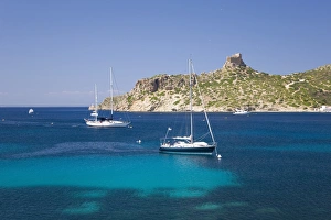 Balearics Prints: View across bay to the castle, Cabrera Island, Cabrera Archipelago National Park