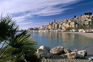 Menton Prints: View across bay to the old town, Menton, Alpes-Maritimes, Cote d Azur