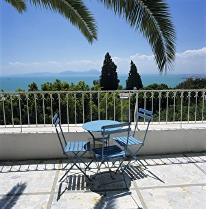 View over Bay of Tunis from terrace of Dar Said Hotel, Sidi Bou Said, Tunisia