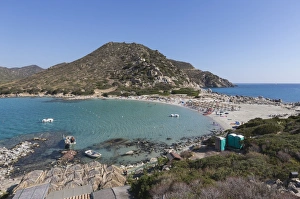 Cagliari Prints: Top view of the bay with turquoise sea and the sandy beach, Punta Molentis, Villasimius