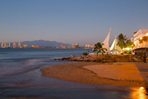 Puerto Vallarta Prints: View over beach ast dusk, Downtown, Puerto Vallarta, Jalisco, Mexico, North America