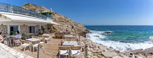 Outdoor Seating Prints: View of beach bar and sea in Thassos Town