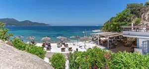 Outdoor Seating Prints: View of beach bar and sea in Thassos Town