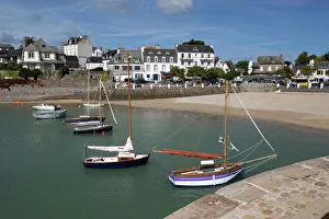 Traditionally French Prints: View of beach and boats in harbour, Locquirec, Finistere, Brittany, France, Europe