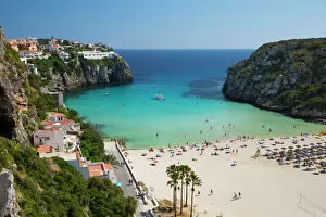 Holidays Gallery: View over beach, Cala en Porter, south east Coast, Menorca, Balearic Islands, Spain