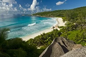 View over the beach of Grand Anse, La Digue, Seychelles, Indian Ocean, Africa