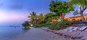 Beach House Prints: View of beach house at dusk in Cap Malheureux, Mauritius, Indian Ocean, Africa