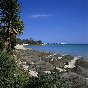 View along beach to the medina from the Sindbad Hotel, Hammamet, Cap Bon