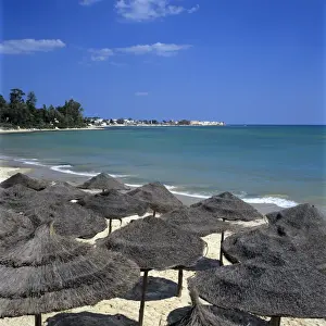 View along beach to the medina from the Sindbad Hotel, Hammamet, Cap Bon