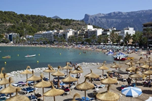 Sun Shade Prints: View over beach, Port de Soller, Mallorca (Majorca), Balearic Islands, Spain