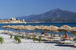 Samos Prints: View over beach to Pythagorion castle, Potokaki, Samos, Aegean Islands, Greece