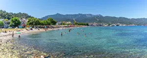 Outdoor Activity Prints: View of beach and sea in Thassos Town, Thassos, Aegean Sea, Greek Islands, Greece, Europe