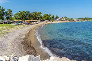 Azure Waters Prints: View of beach at Skala Prinos Port, Thassos, Aegean Sea, Greek Islands, Greece, Europe