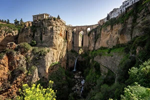 Purity Collection: View with beautiful bridge and waterfall, a traditional white village, Ronda, Pueblos Blancos