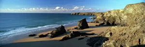 View of Bedruthan Steps and beach, near Newquay, Cornwall, England, United Kingdom