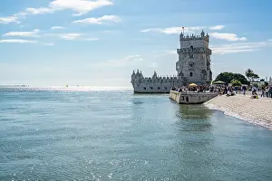 Portuguese Prints: View of Belém Tower (Torre de Belém) on a sunny day, Lisbon, Portugal, Europe